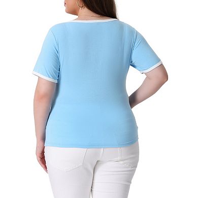 Plus Size Top for Women Square Neck Short Sleeve T Shirt Ribbed Color Block Slim Fit Knit Basic Tops