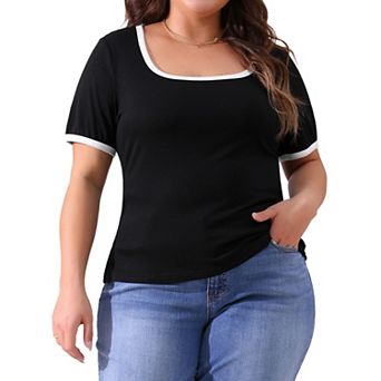 Plus Size Top for Women Square Neck Short Sleeve T Shirt Ribbed Color Block Slim Fit Knit Basic Tops