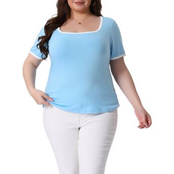 Plus Size Top for Women Square Neck Short Sleeve T Shirt Ribbed Color Block Slim Fit Knit Basic Tops