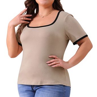 Plus Size Top for Women Square Neck Short Sleeve T Shirt Ribbed Color Block Slim Fit Knit Basic Tops
