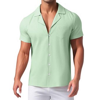 Men's Linen Shirts Camp Collar Short Sleeve Button Down Summer Beach Shirts