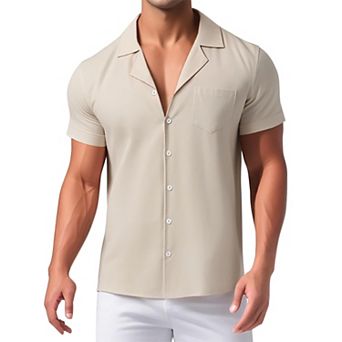 Men's Linen Shirts Camp Collar Short Sleeve Button Down Summer Beach Shirts