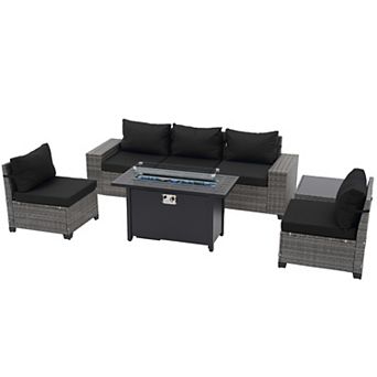 7 pc Furniture Set with 45" Fire Pit Table Outdoor Conversation Sets Wicker Rattan Sectional Sofa