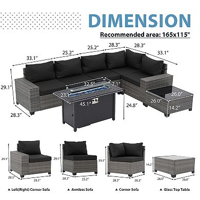 7-Piece Furniture Set with 45" Fire Pit Table Outdoor Conversation Sets Wicker Rattan Sectional Sofa