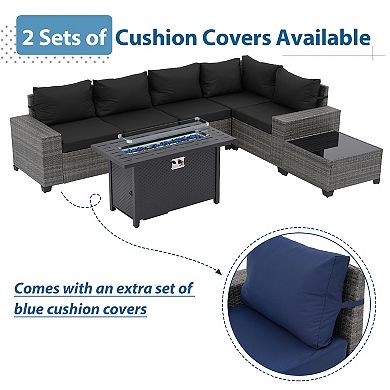 7-Piece Furniture Set with 45" Fire Pit Table Outdoor Conversation Sets Wicker Rattan Sectional Sofa