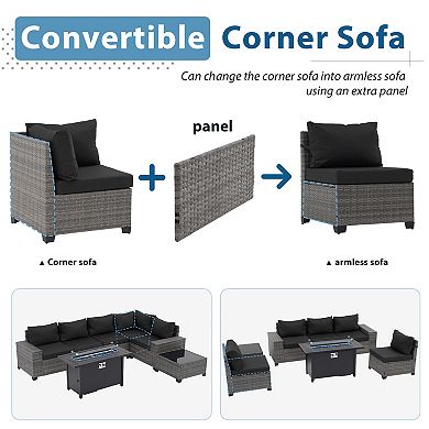 7-Piece Furniture Set with 45" Fire Pit Table Outdoor Conversation Sets Wicker Rattan Sectional Sofa