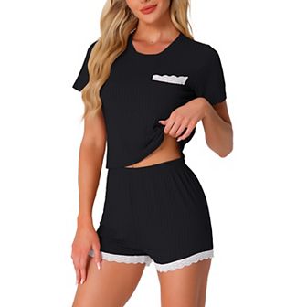 Women's 2 pc Loungewaer Lace Trim Short Sleeve Tops with Shorts Ribbed Knit Pajamas Sets