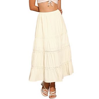 Lace Trim Tiered Maxi Skirt for Women's Summer Boho Elastic High Waist Skirt