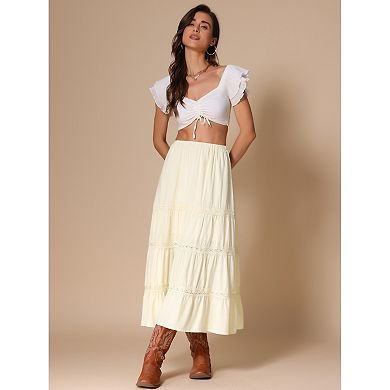 Lace Trim Tiered Maxi Skirt for Women's Summer Boho Elastic High Waist Skirt
