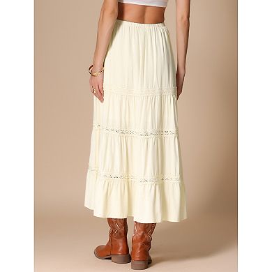 Lace Trim Tiered Maxi Skirt for Women's Summer Boho Elastic High Waist Skirt