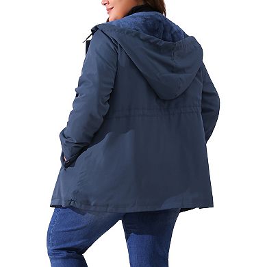 Plus Size Rain Jacket for Women Lightweight Waterproof Fleece Lined Jacket Hooded Windbreaker Coat