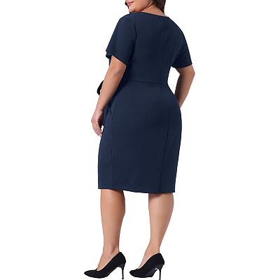 Women's Plus Size Office Dress Vintage Belted Tie Pencil Dress Bodycon Wear  to Work Dresses