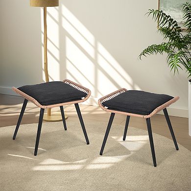2 Pieces Patio Rattan Ottomans with Seat Cushions