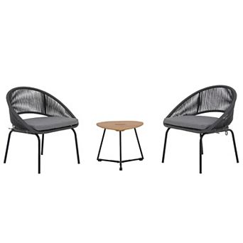 Outdoor Woven Rope Conversation Balcony Furniture Set with Wood Coffee Table