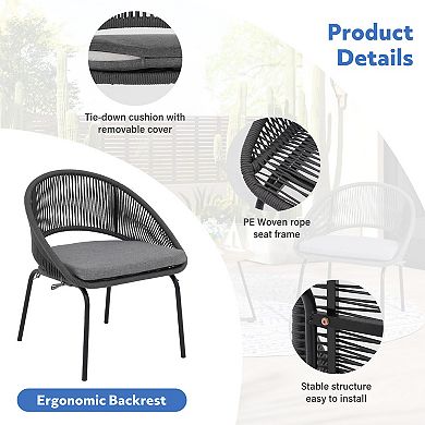 Outdoor Woven Rope Conversation Balcony Furniture Set with Wood Coffee Table