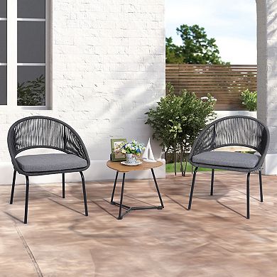 Outdoor Woven Rope Conversation Balcony Furniture Set with Wood Coffee Table