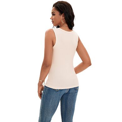 Women's Scoop Neck Basic Tank Tops Ribbed Wide Strap Sleeveless Shirts Workout Cami Tops