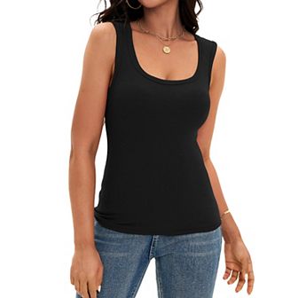 Women's Scoop Neck Basic Tank Tops Ribbed Wide Strap Sleeveless Shirts Workout Cami Tops