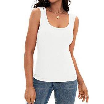 Women's Scoop Neck Basic Tank Tops Ribbed Wide Strap Sleeveless Shirts Workout Cami Tops