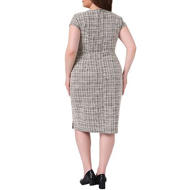 Women's Plus Size Vintage Midi Pencil Dress Tweed Cap Sleeve Sheath Dress Square Neck Work Dresses
