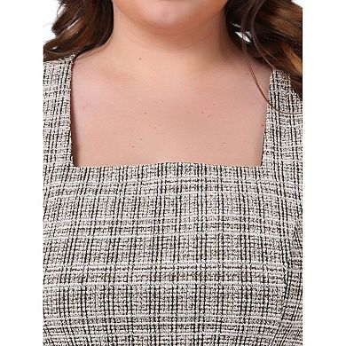 Women's Plus Size Vintage Midi Pencil Dress Tweed Cap Sleeve Sheath Dress Square Neck Work Dresses