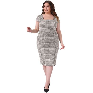 Women's Plus Size Vintage Midi Pencil Dress Tweed Cap Sleeve Sheath Dress Square Neck Work Dresses