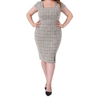 Women's Plus Size Vintage Midi Pencil Dress Tweed Cap Sleeve Sheath Dress Square Neck Work Dresses