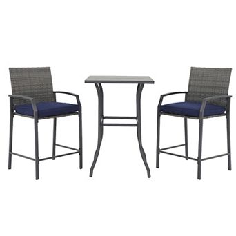3 pc Patio Bar Set, With Navy Blue Cushion
