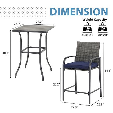 3-Piece Patio Bar Set, With Navy Blue Cushion