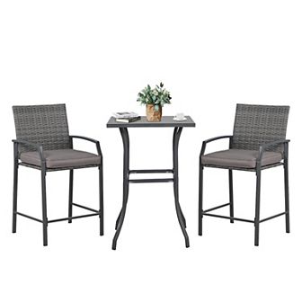 3 pc Patio Bar Set, With Navy Blue Cushion