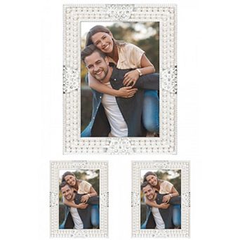 3 pc Pearl Picture Frame, Luxury Vintage Crystal Photo Frames with Glass Front on, Silver 5X7