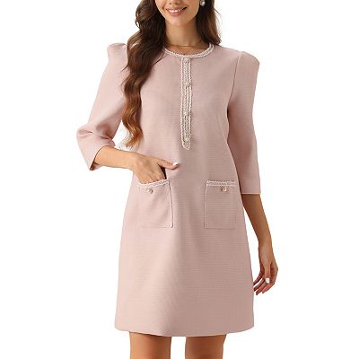 Elegant Tweed Dress for Women's 3/4 Sleeve Crew Neck A-Line Loose Formal  Work Dresses