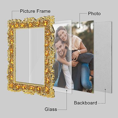 2 Pcs Retro Picture Frame, Luxury Vintage Pearl Photo Frames with Glass Front Gold 4" x 6"&7" x 10"
