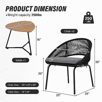 Outdoor Woven Rope Conversation Balcony Furniture Set with Wood Coffee Table