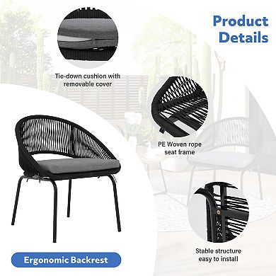 Outdoor Woven Rope Conversation Balcony Furniture Set with Wood Coffee Table