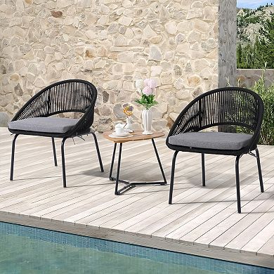 Outdoor Woven Rope Conversation Balcony Furniture Set with Wood Coffee Table