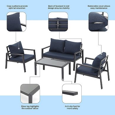 4-Piece Aluminum Outdoor Patio Furniture set, Patio Conversation Sofa Set with Removable Cushions