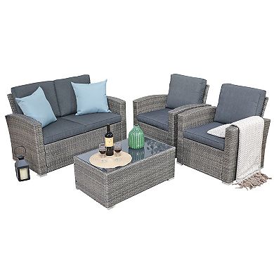 Furniture Outdoor Rattan Chair, Loveseat, and Coffee Table 4-piece Set