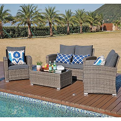 Furniture Outdoor Rattan Chair, Loveseat, and Coffee Table 4-piece Set