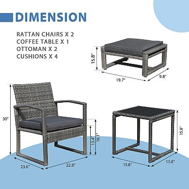 5 pieces Outdoor Patio Conversation Set with 2 Armchairs, 2 Ottomans and 1 Coffee Table