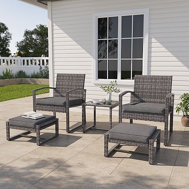 5 pieces Outdoor Patio Conversation Set with 2 Armchairs, 2 Ottomans and 1 Coffee Table