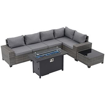 7 pc Furniture Set with 45" Fire Pit Table Outdoor Conversation Sets Wicker Rattan Sectional Sofa