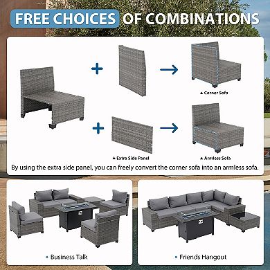 7-Piece Furniture Set with 45" Fire Pit Table Outdoor Conversation Sets Wicker Rattan Sectional Sofa