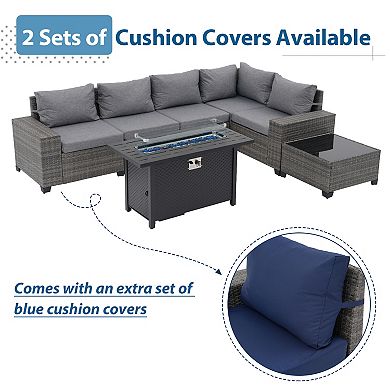 7-Piece Furniture Set with 45" Fire Pit Table Outdoor Conversation Sets Wicker Rattan Sectional Sofa