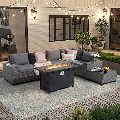 7-Piece Furniture Set with 45" Fire Pit Table Outdoor Conversation Sets Wicker Rattan Sectional Sofa