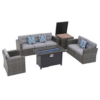 8 pc Patio Furniture Set, Rattan Outdoor Conversation Set with Storage Box and Firepit Table