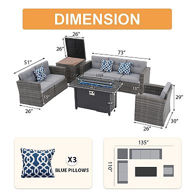 8 Piece Patio Furniture Set, Rattan Outdoor Conversation Set with Storage Box and Firepit Table