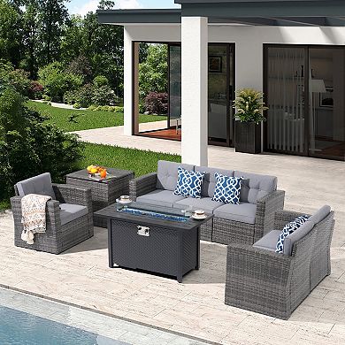 8 Piece Patio Furniture Set, Rattan Outdoor Conversation Set with Storage Box and Firepit Table