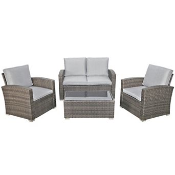 Furniture Outdoor Rattan Chair, Loveseat, and Coffee Table 4 pc Set