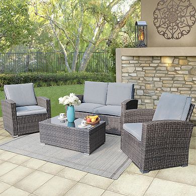 Furniture Outdoor Rattan Chair, Loveseat, and Coffee Table 4-piece Set